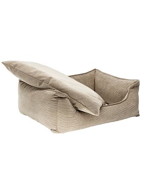 Lit pour chien beige en velours côtelé avec coussin relevé - modèle cosy