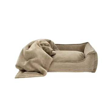 Lit design pour chien en velours beige avec plaid assorti - design chaleureux