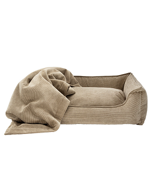 Lit design pour chien en velours beige avec plaid assorti - design chaleureux