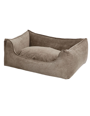 Lit design pour chien en velours beige - vue de face du modèle cosy