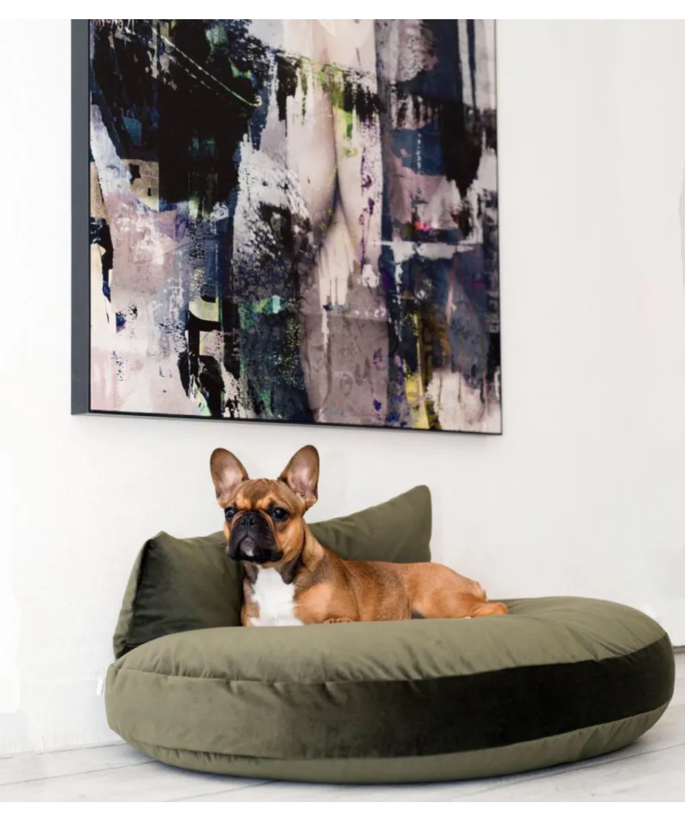 Coussin Luna Lounge Oxford Olive avec un chien sous un tableau explicatif.