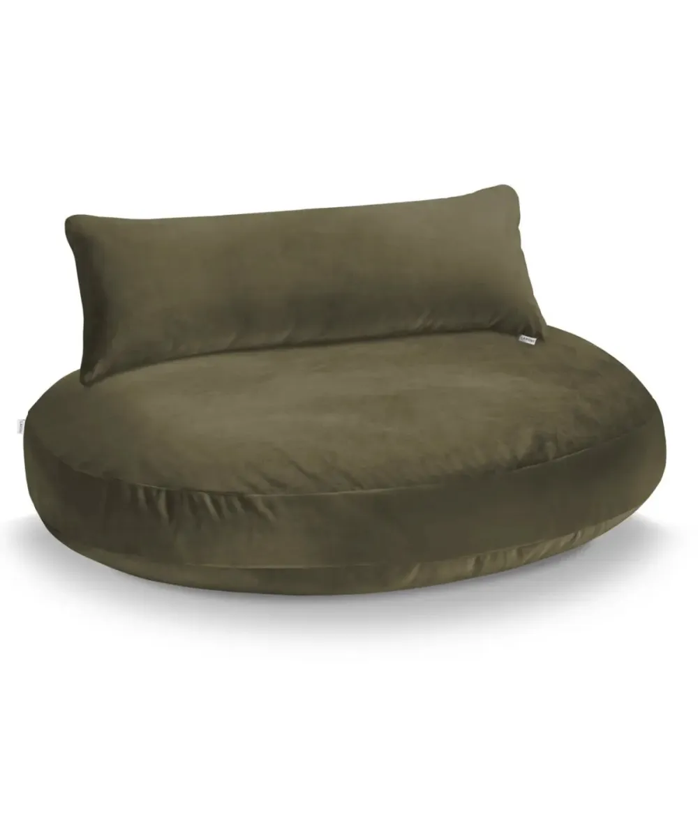 Coussin Luna Lounge Oxford Olive et son dossier sur fond blanc.