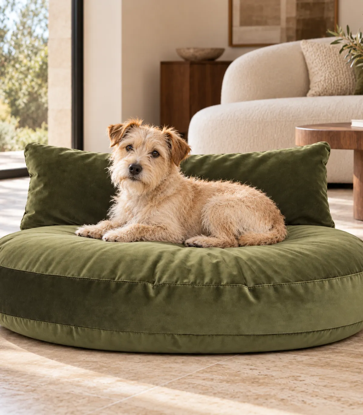 Petit chien sur le coussin Luna Lounge Olive dans un salon design.