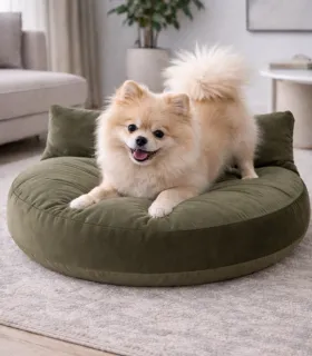 Spitz allongé sur le coussin Luna Lounge Olive dans un intérieur.