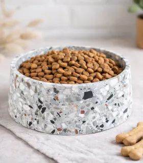 Gros plan sur la gamelle Terrazzo remplie de croquettes