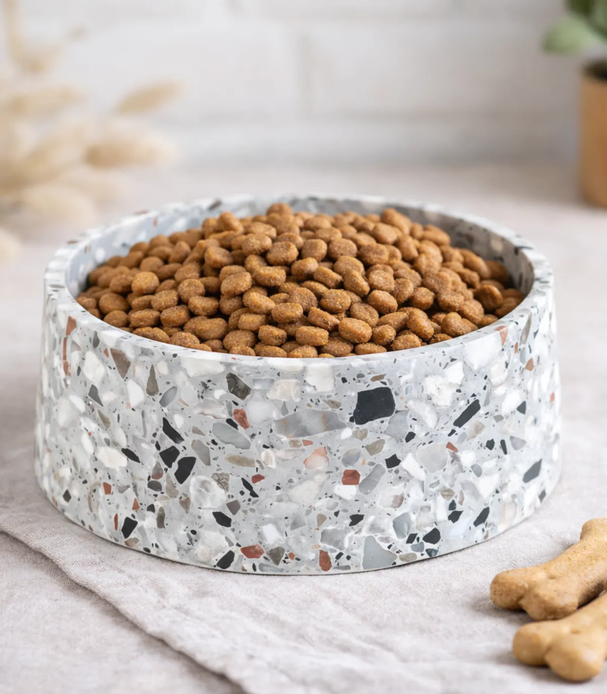 Gros plan sur la gamelle Terrazzo remplie de croquettes