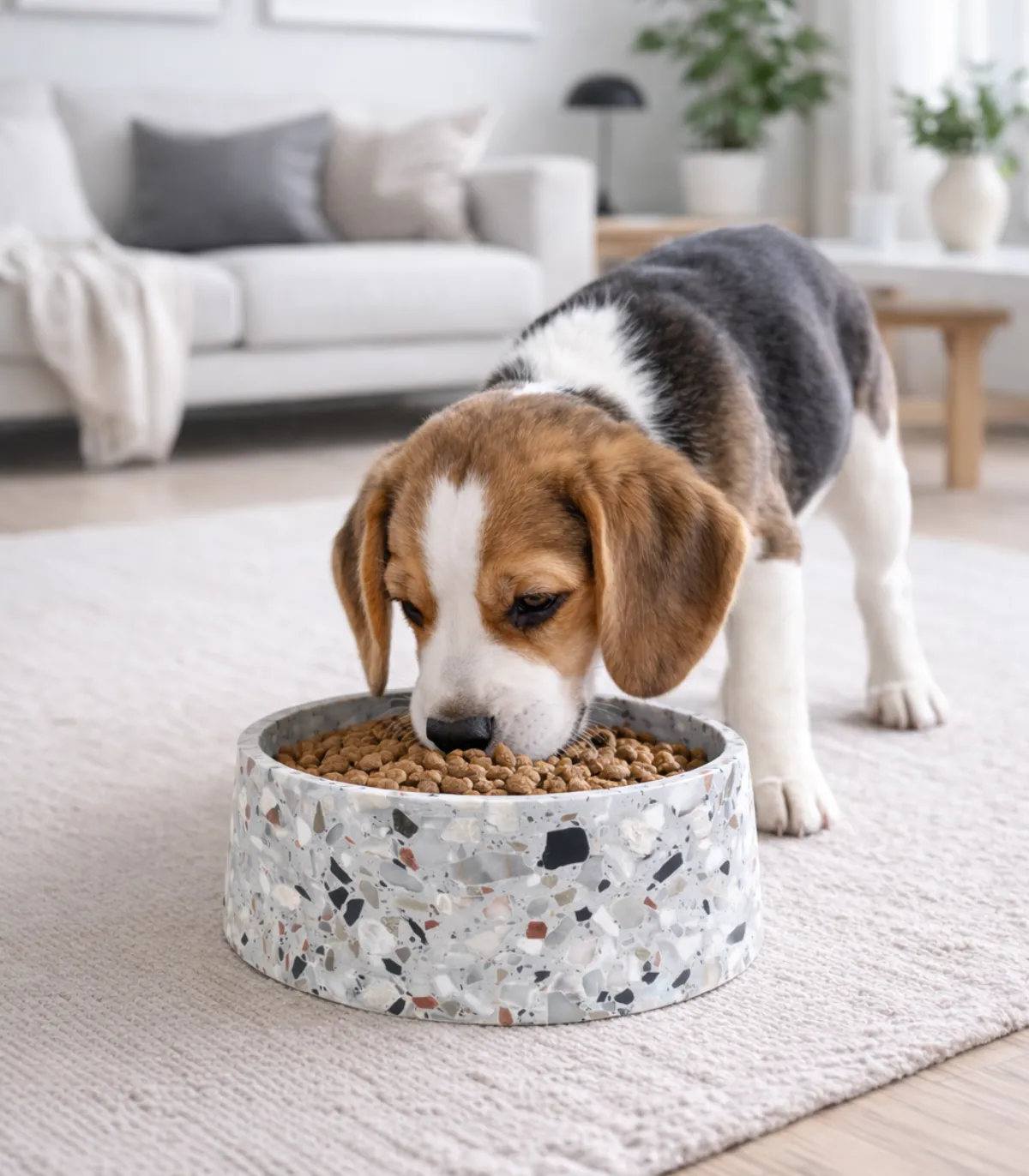 Beagle mangeant dans une gamelle Terrazzo dans le salon