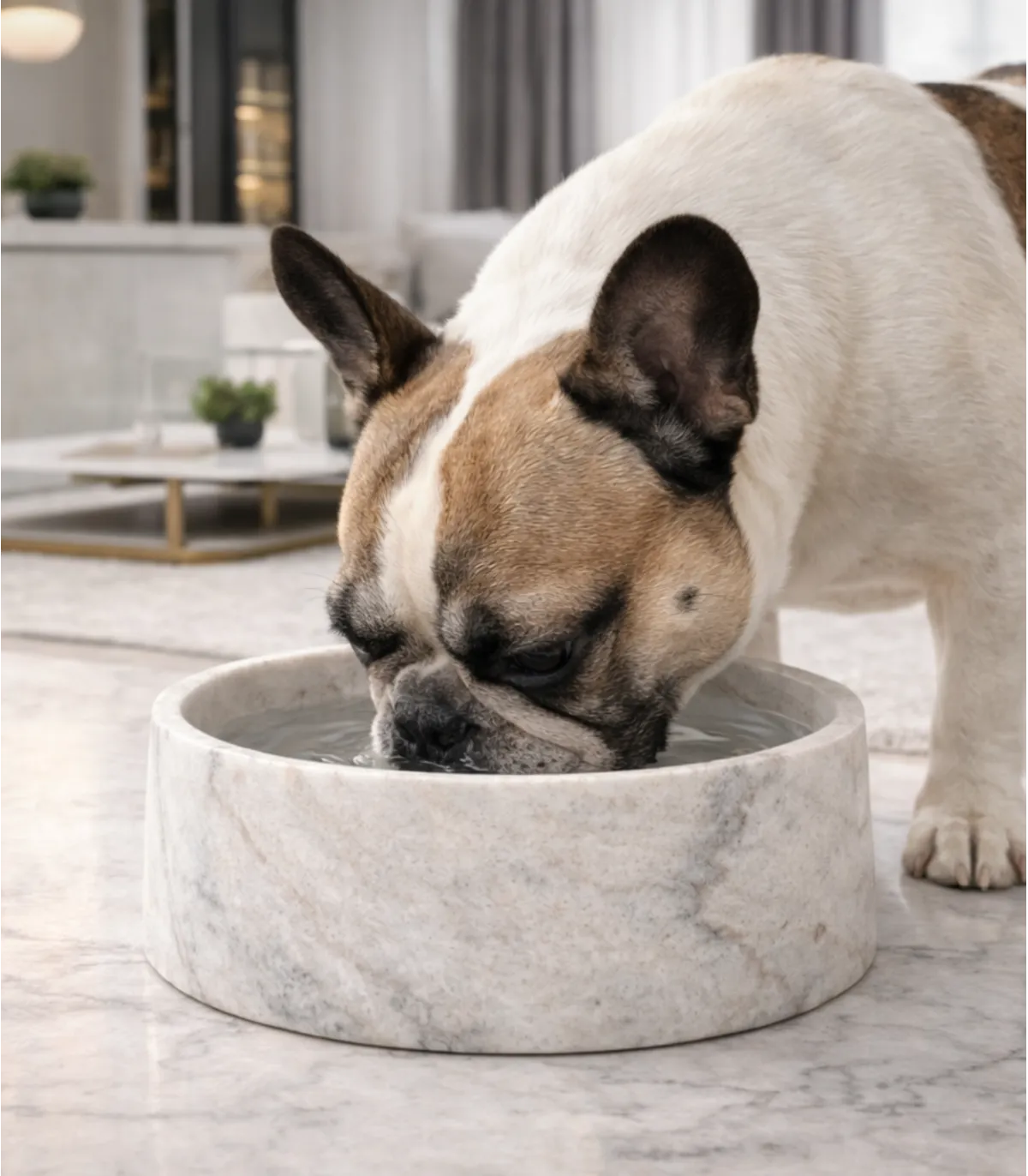 Bouledogue français buvant dans une gamelle en marbre blanc.