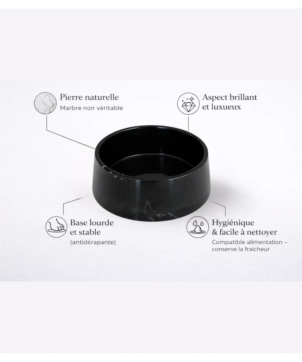 Dimensions de la gamelle en marbre noir pour chien et chat.