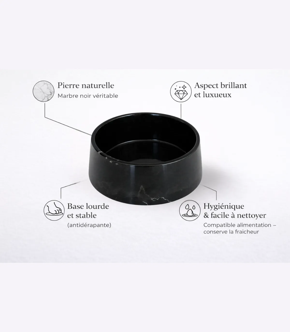 Dimensions de la gamelle en marbre noir pour chien et chat.