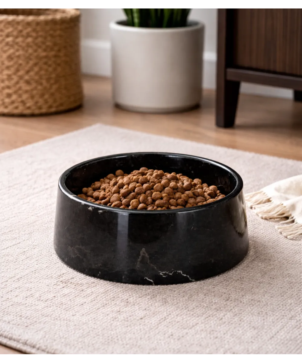 Gamelle en marbre noir remplie de croquettes pour chien.