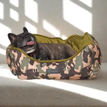 Couchage chien camouflage extérieur velours kaki intérieur