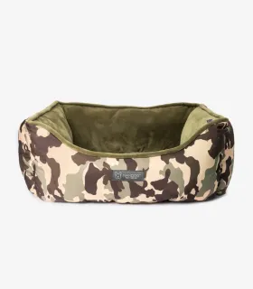 Panier pour chien camouflage et velours kaki réversible.