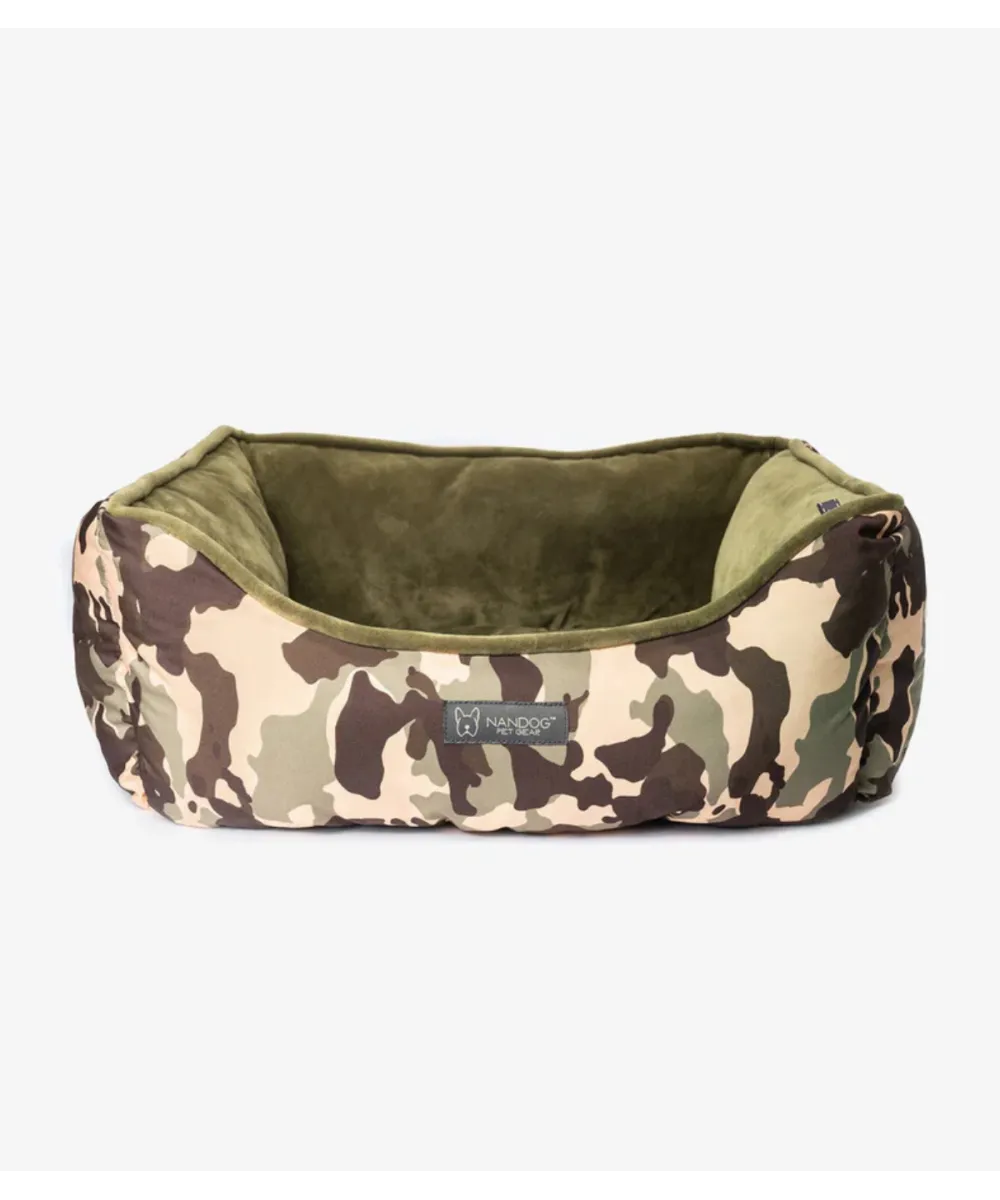 Panier pour chien camouflage et velours kaki réversible.