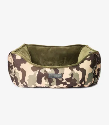 Panier pour chien camouflage et velours kaki réversible.