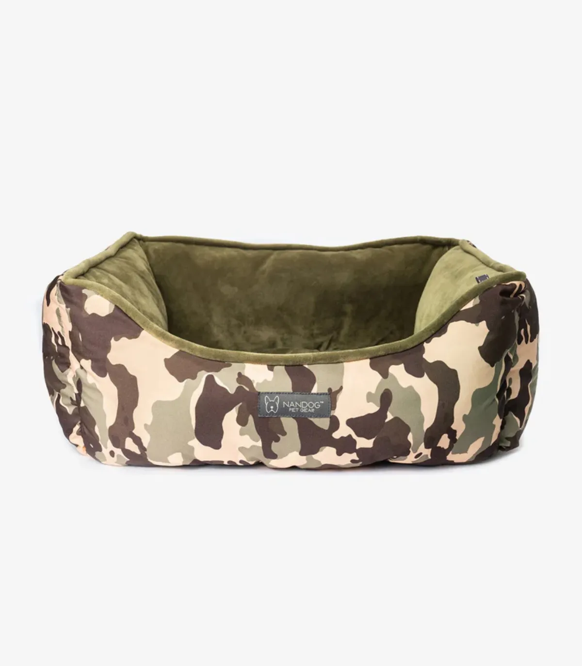 Panier pour chien camouflage et velours kaki réversible.