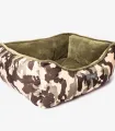 Couchage pour chien camouflage avec intérieur velours kaki.