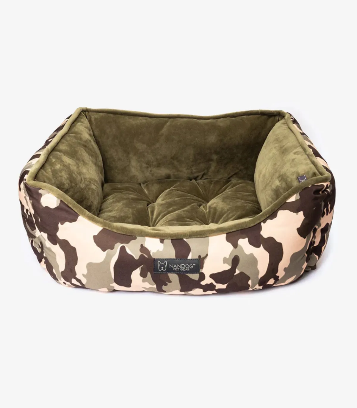 Panier pour chien en velours kaki côté réversible.