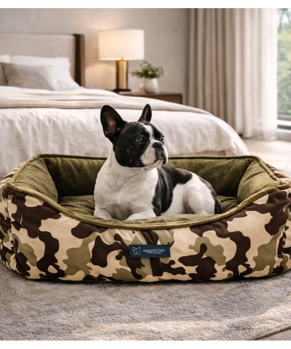 Petit chien dans un panier réversible camouflage kaki