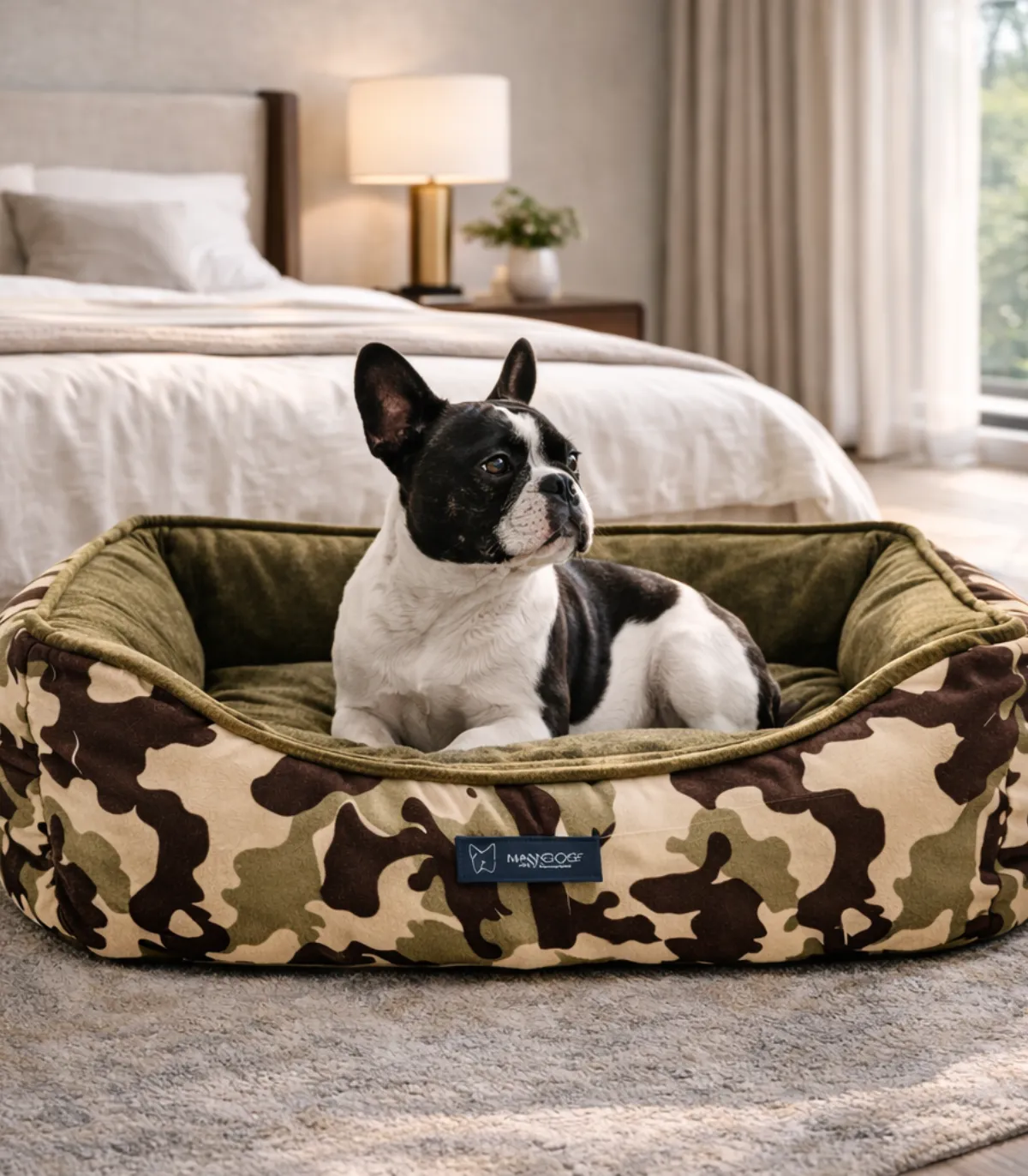 Petit chien dans un panier réversible camouflage kaki