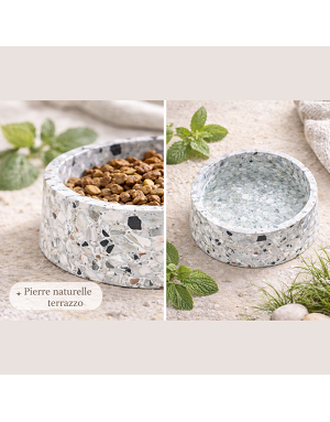 Gamelle design pour chien en pierre naturelle Terrazzo dans un intérieur moderne.