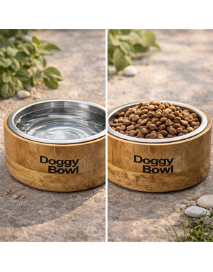 Gamelle bambou et inox pour chien vue de dessus