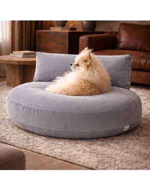 Lit pour chien Luna Lounge Grey avec coussin rond et dossier en tissu Oxford
