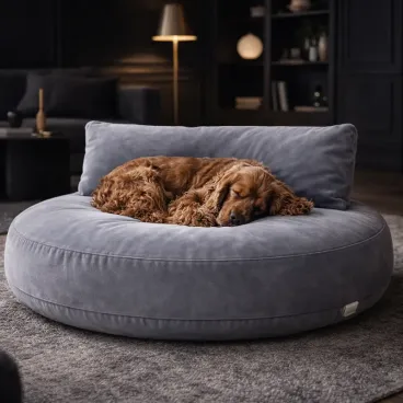 Couchage chien gris Luna Lounge Grey dans un salon moderne et épuré