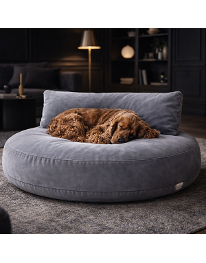 Couchage chien gris Luna Lounge Grey dans un salon moderne et épuré