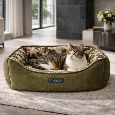 Panier réversible chien velours kaki et intérieur camouflage