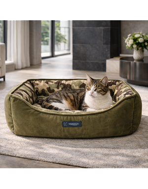 Panier réversible chien velours kaki et intérieur camouflage