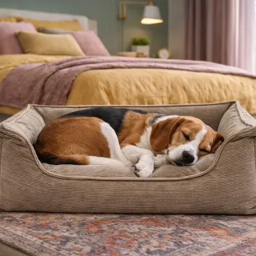 Chat allongé dans un panier en velours côtelé beige au style chic et moderne