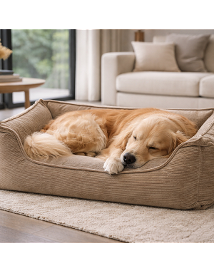 Panier pour chien en velours côtelé beige dans une chambre au décor chaleureux et design