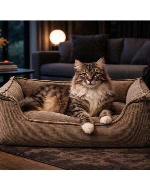 Panier pour chien en velours côtelé beige mis en scène dans un intérieur ultra-moderne