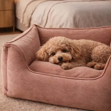 Panier pour chien velours côtelé rose avec grand chien endormi – confort et maintien