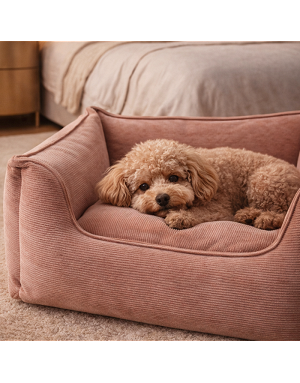 Panier pour chien velours côtelé rose avec grand chien endormi – confort et maintien