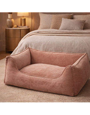 Panier pour chien en velours côtelé rose – vue profil droit dans un intérieur élégant