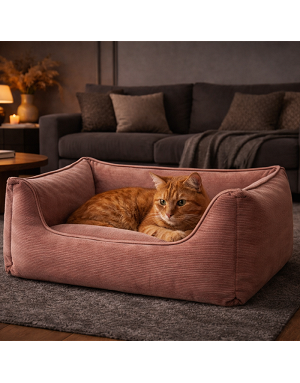 Détail couture du panier pour chien en velours côtelé rose – finitions et texture