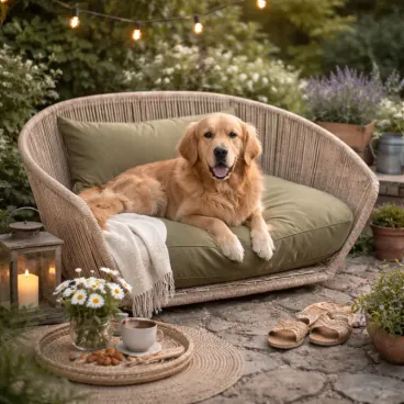 Panier pour chien design corde naturelle coussin olive