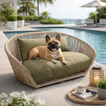 Chien endormi dans panier design coussin olive