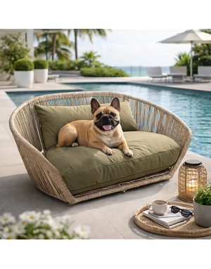 Chien endormi dans panier design coussin olive