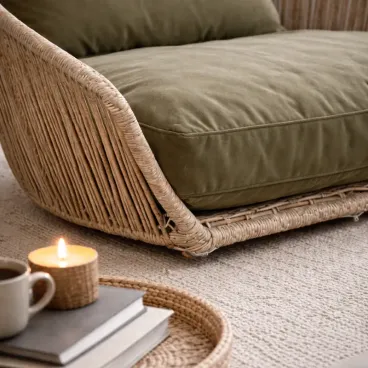 Détail panier pour chien corde tressée coussin olive