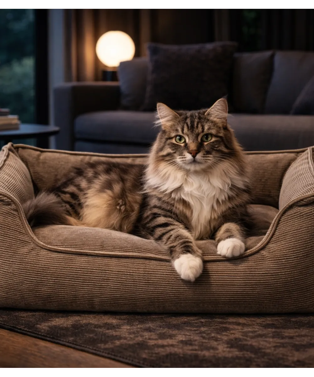 Panier en velours côtelé beige avec chat – couchage chien et chat.