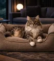 Panier en velours côtelé beige avec chat – couchage chien et chat.