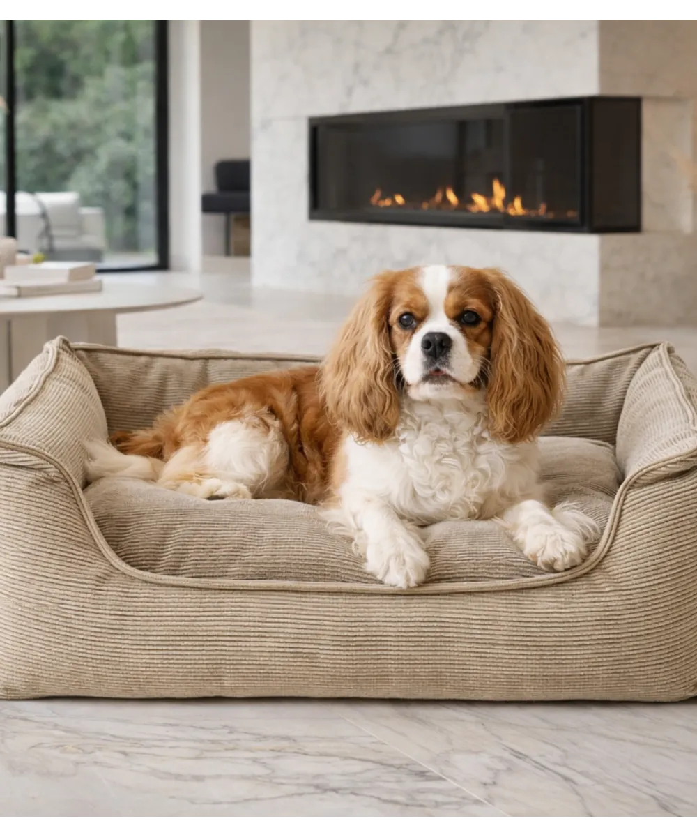 Panier pour chien beige dans un intérieur élégant.