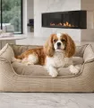 Panier pour chien beige dans un intérieur élégant.