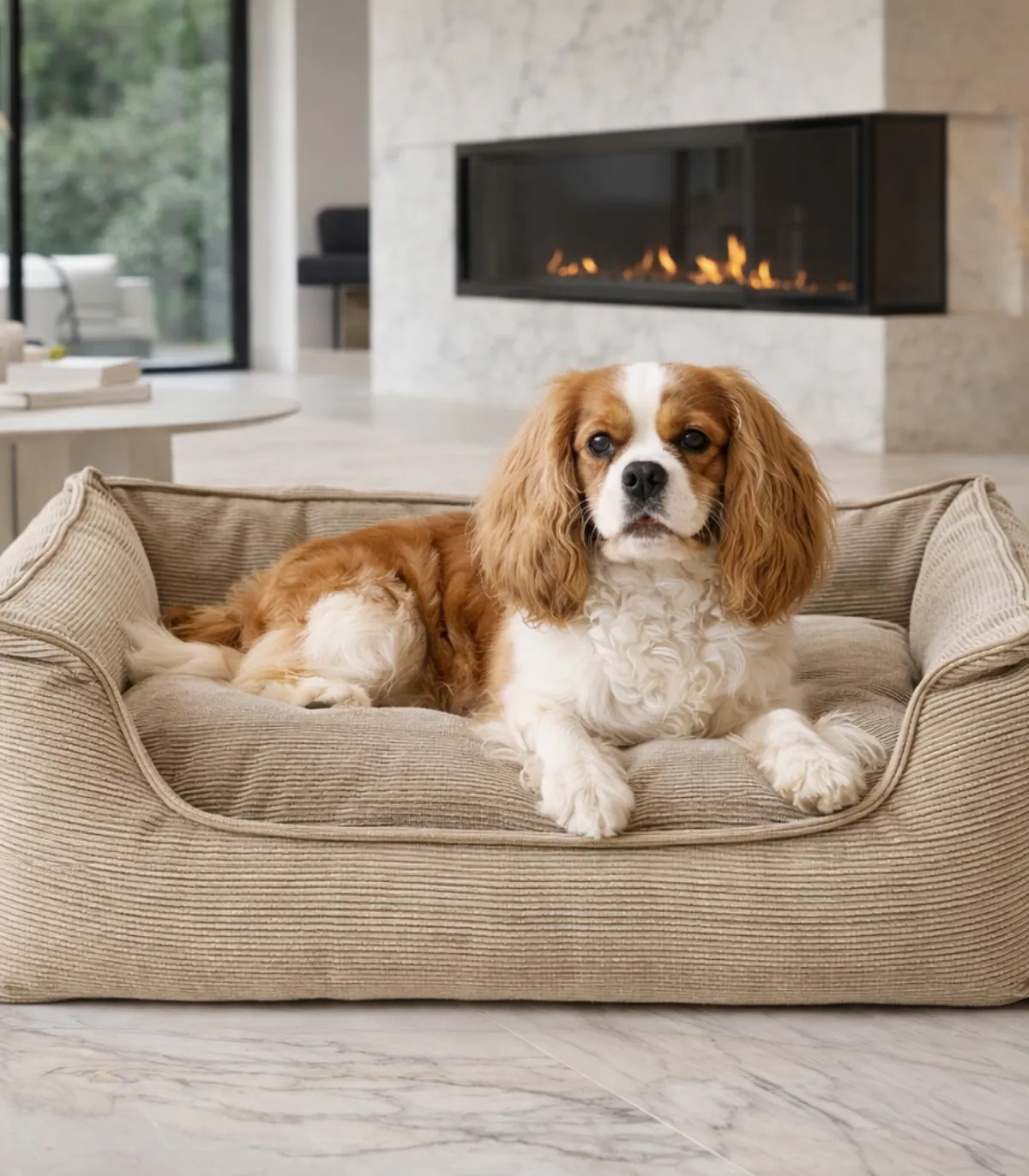 Panier pour chien beige dans un intérieur élégant.