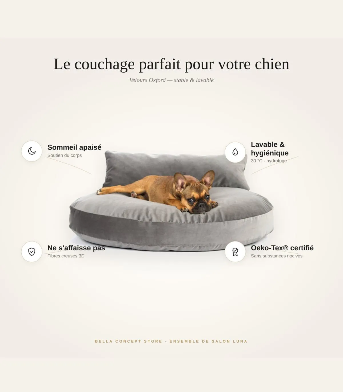 Luna Lounge Oxford Grey | Coussin design pour chien confortable