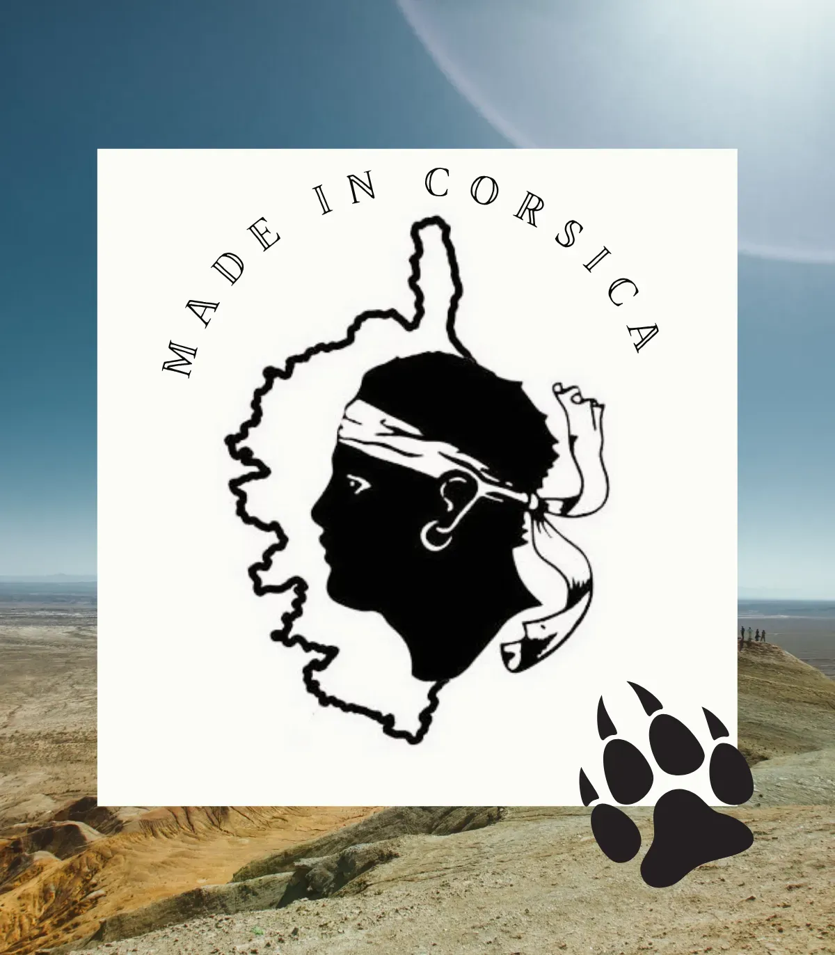 Logo Made in Corsica avec tête de Maure et empreinte de patte, savon Bulabuledda pour chien.