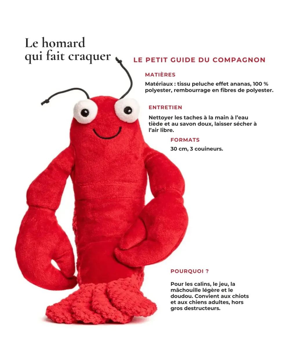 Peluche homard rouge pour chien couineuse, grande taille 30 cm, avec ses caractéristiques